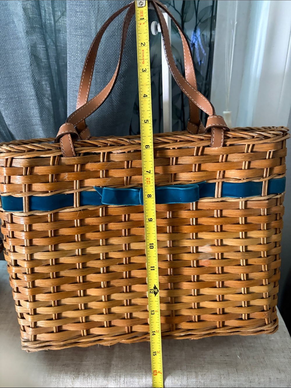 Kate Spade vintage Woven Tote Bag with Teal Accent and Tan Leather Handles - Picture 11 of 12